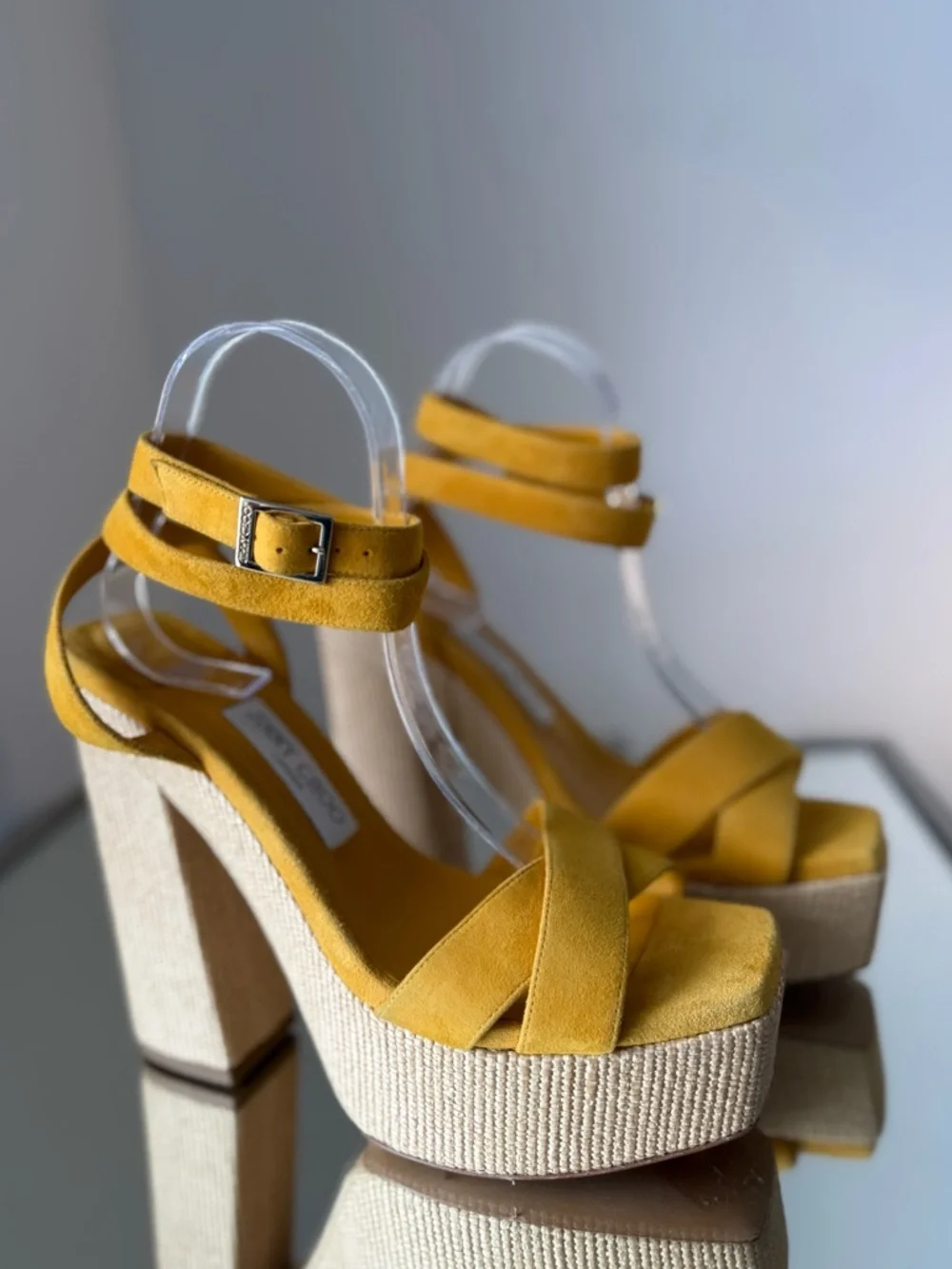 New JIMMY CHOO Gaia 140 Sunflower Suede and Natural Raffia Platform Sandals 39.5